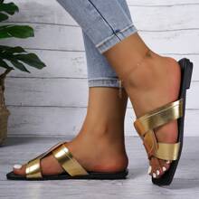 Plus Size Women Cross Toe Slide Sandal, Open Toe Casual Flat Slippers For Summer - Rose Gold - View 3