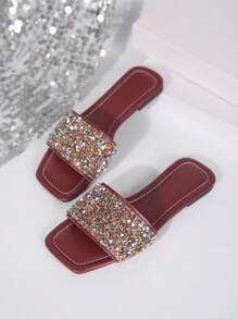 2025 Summer New Sequin Square Toe Strap Slip-On Mule Sandals, Peep Toe, Soft Flat Comfortable Casual Versatile Ladies Beach Slippers - Burgundy - View 5