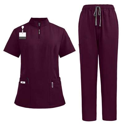 1 Set Women Stand Collar Zipper Short Sleeve Scrub Suit, Made Of Polyester Frosty Fabric, Loose Fit Nurse Scrub Uniform, Suitable For Hospital Work, Scrub Uniform Set