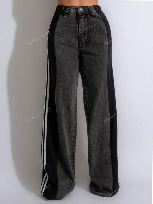 Pantalones con pernera acampanada, cintura alta y elástica, con diseño de patchwork de rayas para mujer