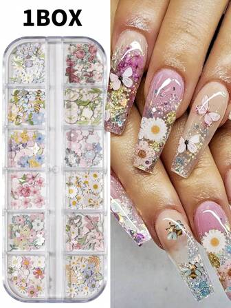 1盒240件3D木浆花朵美甲饰品蝴蝶美甲花朵饰品透明蝴蝶结美甲装饰DIY手工设计美甲用品美甲宝石
