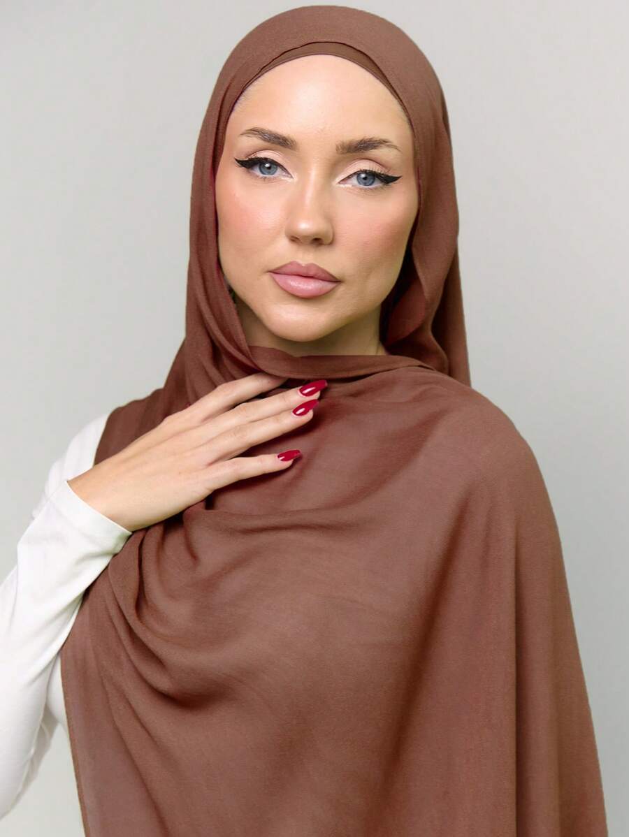 2pcs Set: Jersey Matching Hijab & Bamboo Undercap Sets, Solid Color Comfortable Skin-Friendly Breathable Modal Fabric, 1 Simple Cylinder Bamboo Undercap Hijab Cap + 1 Modal Jersey Hijab Scarf, Suitable For Daily Conservative Head Covering - Maroon - View 1