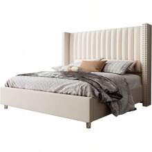 Upholstered Platform Bed Frame With Tall Wingback Headboard, Velvet Vertical Channel Tufting, No Box Spring Needed, Easy Assembly - 奶油 - 查看 8