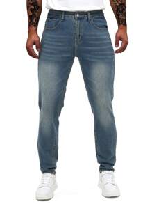 Jeans en denim casual slim fit avec décoration de poche pour hommes - Bleu azur - Voir 1