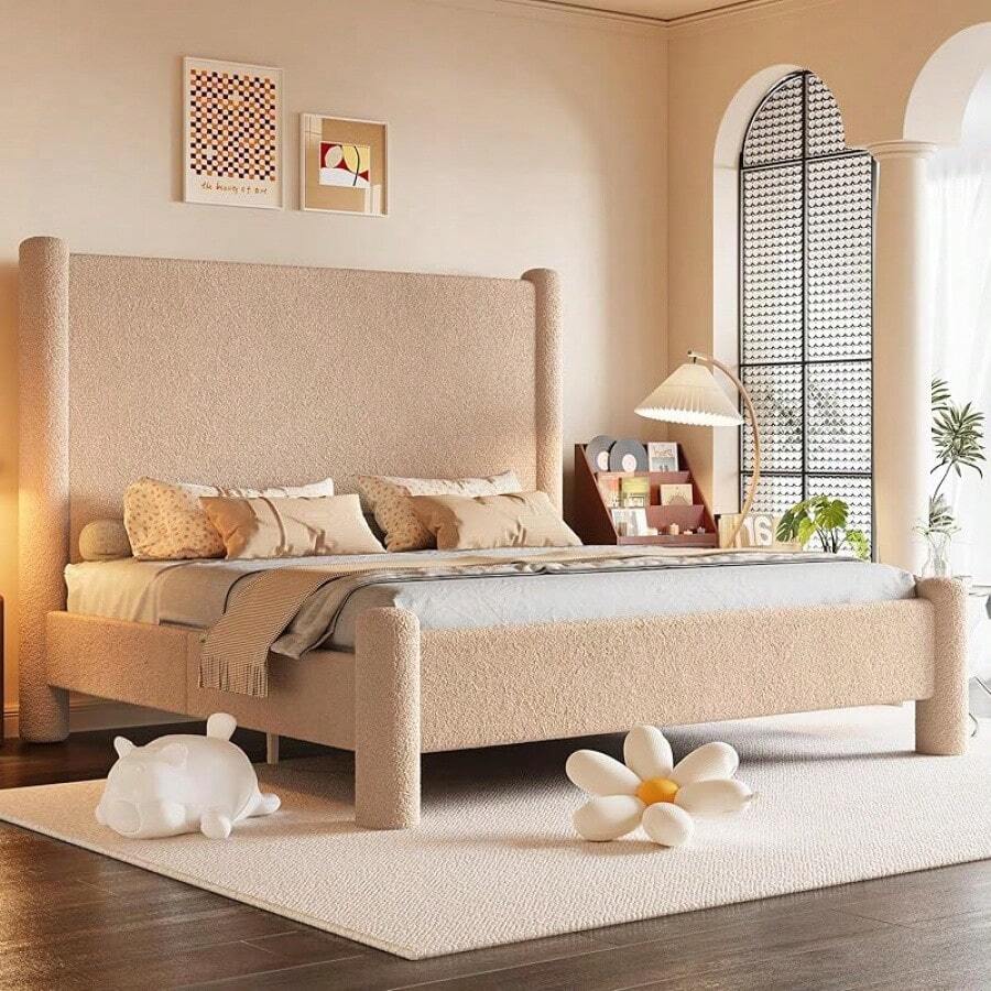 Full/Queen/King Size Upholstered Bed Frame With Boucle Chenille Fabric, Cloud-Inspired Headboard And Corner Design, Modern Sturdy Platform Bed For Stylish Bedroom Furniture, No Box Spring Needed, Khaki - Xem 1