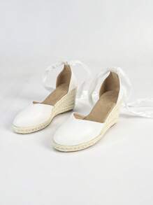 Women's Minimalist Ankle-Strap Espadrille Shoes, Vacation Faux Leather Metal Buckle Blue Suede Jute Rope Bottom Ladies Blue Wedge Thick Sole Flats - White - View 7