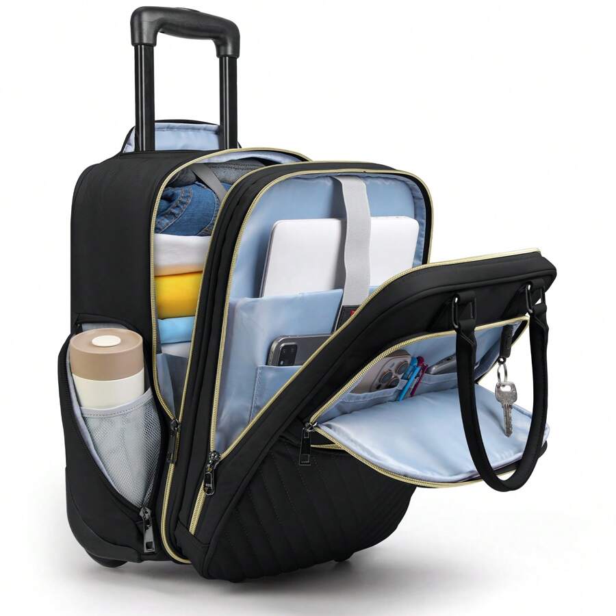 Underseat Carry On Luggage With Wheels, 16-Inch Airline Approved Luggage Lightweight Softside Underseater Travel Suitcases Durable Overnight Bag Rolling Carry-On Bag For Women Men - 黑色 - 查看 1