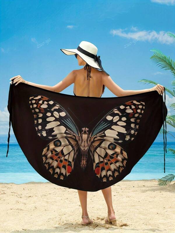 Women's Summer New Butterfly Print Chiffon Cover Up, Casual Vacation Style