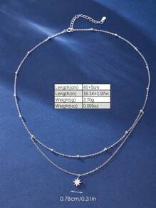 1 件 925 银简约多层星星和八角星方晶锆石吊坠项链，百搭，适合女性日常、派对、节日佩戴 - 銀色 - 查看 3