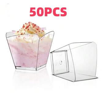Taza cuadrada transparente asimétrica de 110 ml (3.78 oz) de capacidad, adecuada para mousse, helado, pasteles, postres, aperitivos, apta para graduación, boda, San Valentín, restaurante, bar, fiesta, Halloween, Navidad y otros eventos