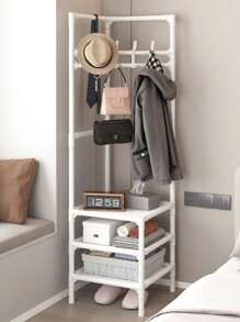 3-laags metalen kledingrek met haken en planken - Multifunctionele vrijstaande kledingorganizer, hoedenrek - roestvrijstalen kapstok voor slaapkamer, woonkamer - veelzijdige montage- en opbergopties