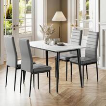 Dining Table And Chairs Set Of 4, 120CM Marble Effect Dining Table With 4 Faux Leather High Back Dining Chairs,Modern Dining Table Set For Home/Kitchen Office - White Table and 4 Grey Chair - View 3