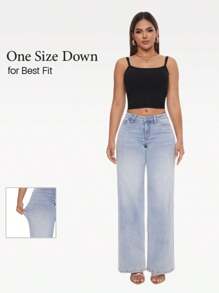 ONESO Mid-Low Rise Baggy Jeans Wide Leg Distressed Denim Pants Stretchy Plus Size - Light Blue - View 1