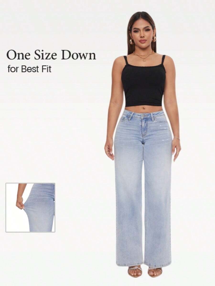 ONESO Mid-Low Rise Baggy Jeans Wide Leg Distressed Denim Pants Stretchy Plus Size - Light Blue - View 1