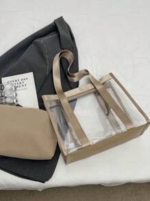 1 件 PVC 透明大容量单肩手提包，女士日常使用果冻沙滩包，带丝带可拆卸内袋，适合旅行、健身 - 卡其色 - 查看 6