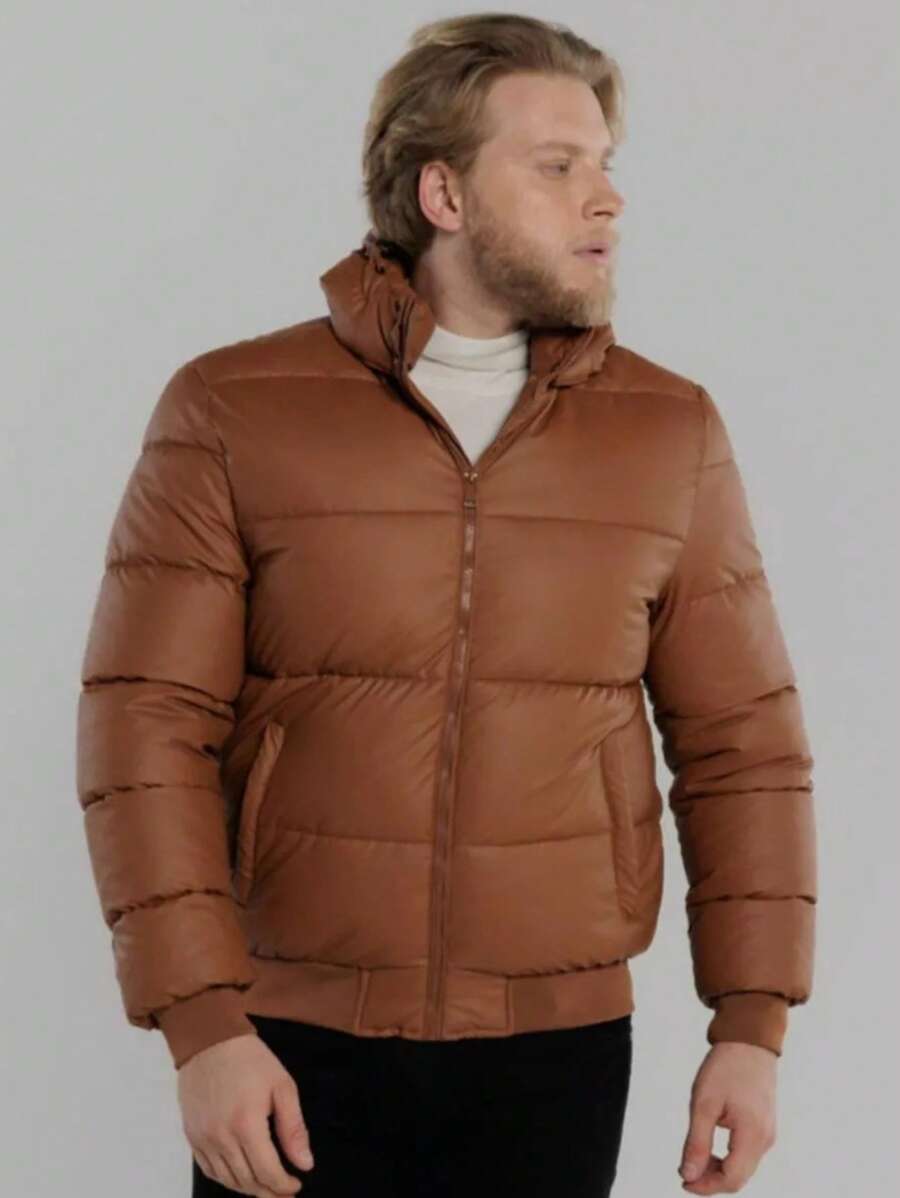 Puffer Jacket Men's Coat PU Leather Gominho Winter - Camel - View 1