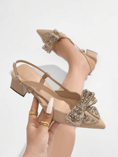 Tacones de punta sólida con lazo de strass y correa trasera para mujer, tacón grueso, elegantes y cómodos tacones altos para boda, fiesta, banquete y ocasiones formales, apropiados para otoño/invierno, ante color albaricoque claro, elegantes