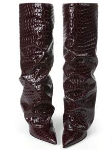 Shark Boots Women's Knee High Boots Fold Over Boots Slouchy Chunky High Heels Shoes Wide Calf Pointed Toe Shoes - 紅色石頭紋 - 查看 8