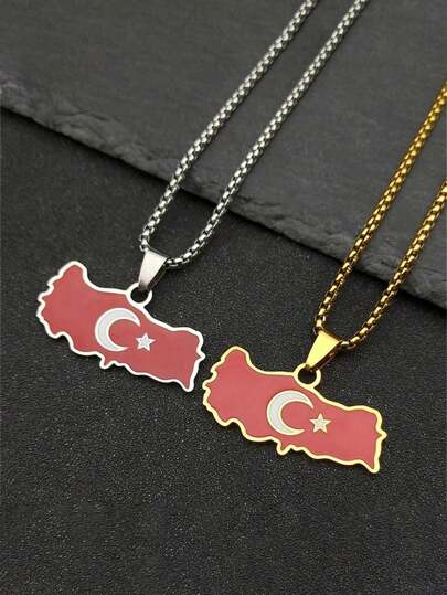 Colar Pendente com Mapa da Turquia em Aço Inoxidável Fashionable, Adequado para Homens e Mulheres, Joia de Festa nas Cores Prata/Dourado, Acessório de Moda Unissex