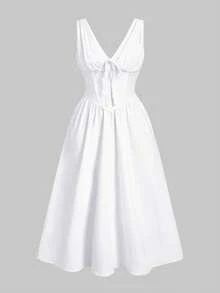 2025 新款女式 V 领褶皱腰蝴蝶结白色连衣裙，复古风格优雅裹身鸡尾酒会礼服，适合夏季、海滩、度假、家庭聚会、露背派对礼服，中长款 - 白色 - 查看 5