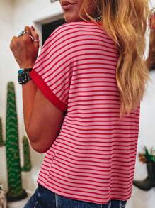 CILKOO Batwing Sleeve Striped Knitted Round Neck T-Shirt For Summer