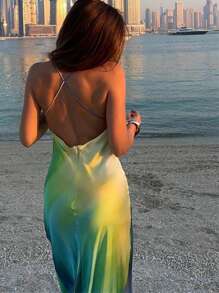 Women's Summer Cami Long Dress Gradient Color Spaghetti Strap V-Neck Backless Beach Party Dress - Blue - View 7