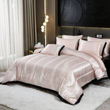 Juego de cama de satén rosa intenso en una bolsa, 8 piezas, tamaño Queen, juego de edredón de rayas lisas, juego de ropa de cama de lujo y sedoso, juego de edredón suave y liviano, cama refrescante en una bolsa - Rosa Pálido - Ver 3