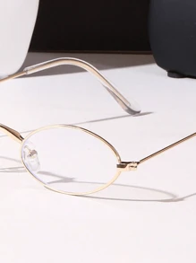 1pc Oval Small Frame Eyeglasses, Vintage Style Plain Decorative Glasses, Gold/Silver Frame
