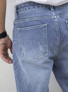 男士休闲破洞锥形牛仔裤 - 中等水洗藍 - 查看 5