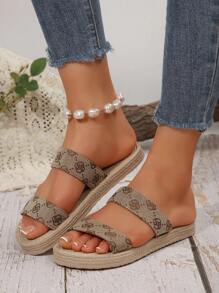 Plus Size Women's Vintage Floral Flat Strap Platform Sandals, Soft Outsole Beach Slippers, Niche Roman Style Sandals