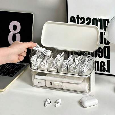 1pc Desktop Data Cable Storage Artifact Mobile Phone Charger Charging Cable Sorting Grid Winder Power Cord Storage Box