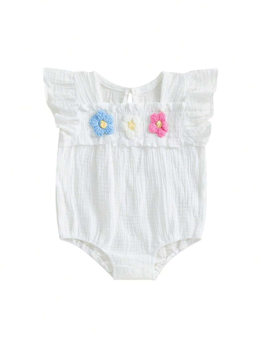 Baby Girl Romper Smocked Flower Embroidery Flying Sleeve Newborn Jumpsuit Perfect For Summer - White - View 1