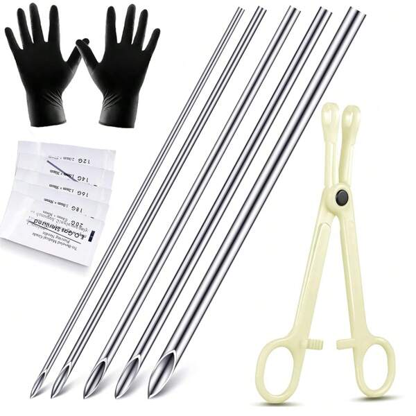 8 pièces Kit de piercing, 1 pièce Pince à clamps 5 pièces Aiguilles de piercing Kit de piercing de tailles mélangées 12g 14g 16g 18g 20g pour les oreilles, le ventre, la langue Outils pour le corps
