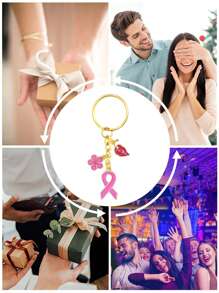 6pcs/12pcs Breast Cancer Promotional Accessories, Breast Cancer Women's Inspirational Gifts, Women's Pink Breast Cancer Promotional Decorations, Red Ribbon Brooches,Including Transparent Gauze Bag And Greeting Card, Women's Love Friendship Party Encouragement Gift,Car Keychains