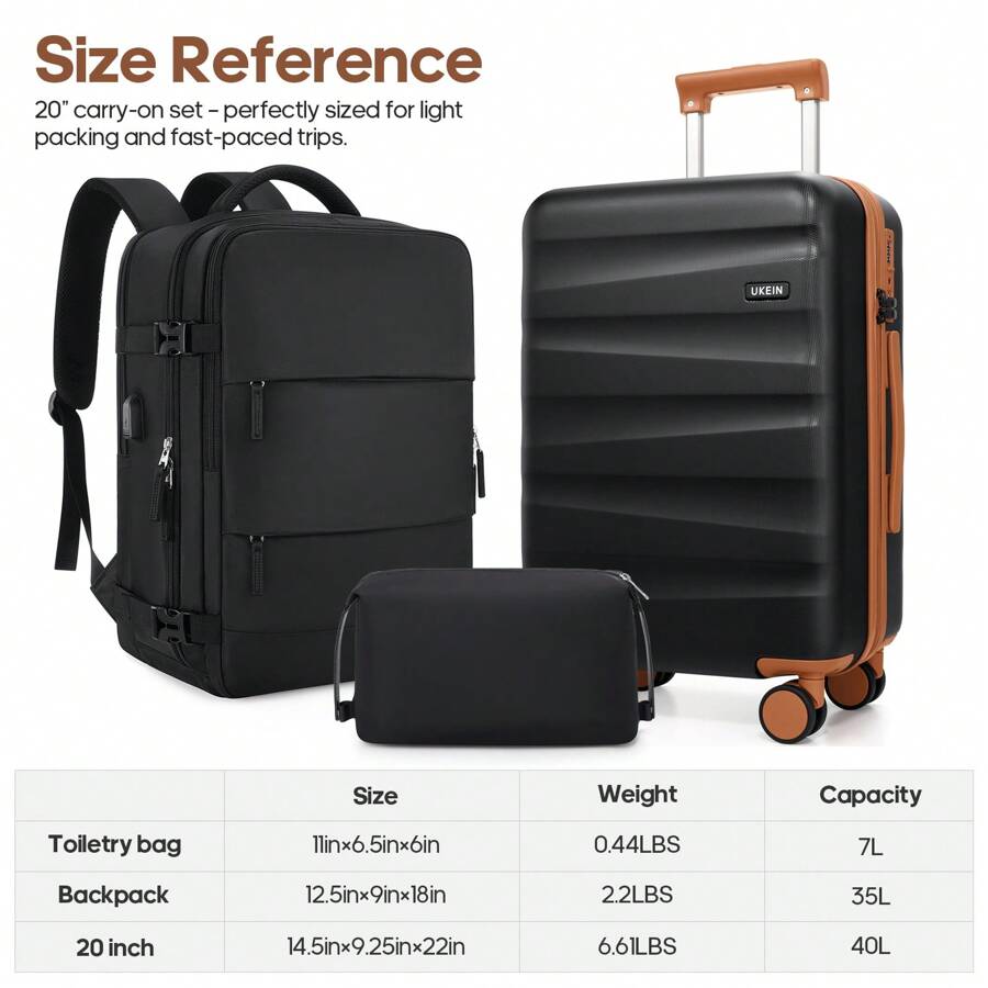 UKEIN Luggage Set With Backpack,Polycarbonate Carry On Luggage Airline Approved With Spinner Wheels, Hardshell Travel Suitcase With TSA Lock,Suitcase Set 3 Piece - Black - View 1