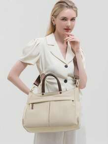 Nueva moda Bolso de mano con gran capacidad, versátil, multicompartimento, resistente al agua, con correa de hombro ajustable. Cuenta con espuma protectora para computadora portátil y libreta. Ligero y adecuado para trabajadores de oficina, estudiantes universitarios y viajeros - Beis - Ver 4