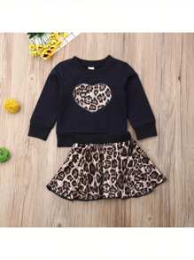 Toddler Girls 2 Pieces Outfit, Heart Pattern Long Sleeve Pullover Tops + Leopard Print A-Line Skirt Set - 黑色 - 查看 2
