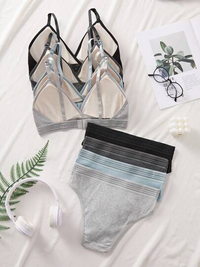 4SETS Ribbed Wireless Breathable Sports BH Panties Underwear Set view 3