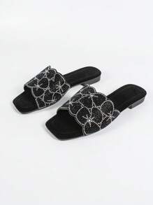 Women Velvet Flat Sandals, Fashionable Printed Rhinestone Design, Comfortable Indoor/Outdoor Wear