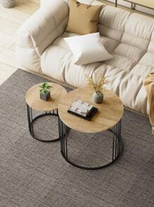 Nesting Coffee Table Set Of 2, Round Table, Morden End Side Table Night Stand For Bedroom Dining Room - Wood - View 2