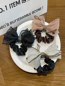 1pc Feminine Organza Bow Hair Scrunchie, Suitable For Daily Wear For Women, Korean Style Scrunchies Hair Tie - Black - View 4