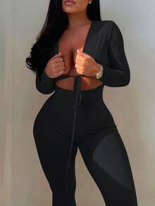 女士性感系带镂空长袖紧身连体裤，亲肤，适合日常穿着 - 黑色 - 查看 4