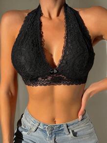 Viomisha 1 Piece Women's Halter Top Bra Sexy Lace Bra  Lace Bralette Triangle Cup Bra Backless Bra Back Buckle Shoulderless Halter Neck Underwear. - Đen+Trắng+Đỏ - Xem 5