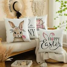 (No se incluyen los rellenos) Fundas de cojín de 18x18 pulgadas con patrón de conejito y huevo, con textura de lino, fundas de cojín decorativas rústicas para el sofá y la decoración del hogar, lavables a máquina