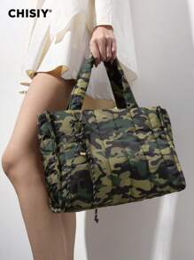 CHISIY Bolso de mano de lona con estampado de camuflaje verde, hecho a mano, con correa para el hombro, de gran capacidad, estilo casual y minimalista, unisex, adecuado para el trabajo, los viajes, las compras y los negocios, un regalo ideal para el Día de San Valentín y Año Nuevo, ideal para chaquetas de plumas de otoño/invierno