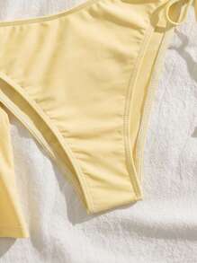Butter Yellow Cute And Simple 3-Piece Set: Drawstring Tie Waist Fitted Ruffle Hem Swimsuit Cover Up Dress, Casual Beach Holiday Vacation Basic Versatile Suitable For Young Women