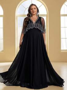 YISIKADO Đầm dự tiệc cổ chữ V bằng vải voan lưới đính đá sang trọng cỡ lớn có khăn choàng, Đầm dự tiệc cưới, Đầm trang trọng, Váy dạ hội - màu đen - Xem 5