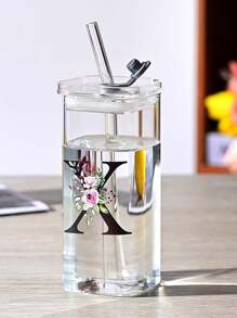 1pc A-Z Flower Letter Pattern Square Glass Cup, Simple And Heat-Resistant Flat Bottomed Cup For Office And Household Use, Milk Coffee Cup With Square Mouth, Bridesmaid Gift, Birthday Gift