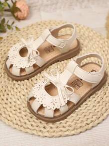 女童蝴蝶结装饰防撞 PU 软底防滑舒适钩环设计婴儿凉鞋，适合夏季、日常、派对、节日和婚礼