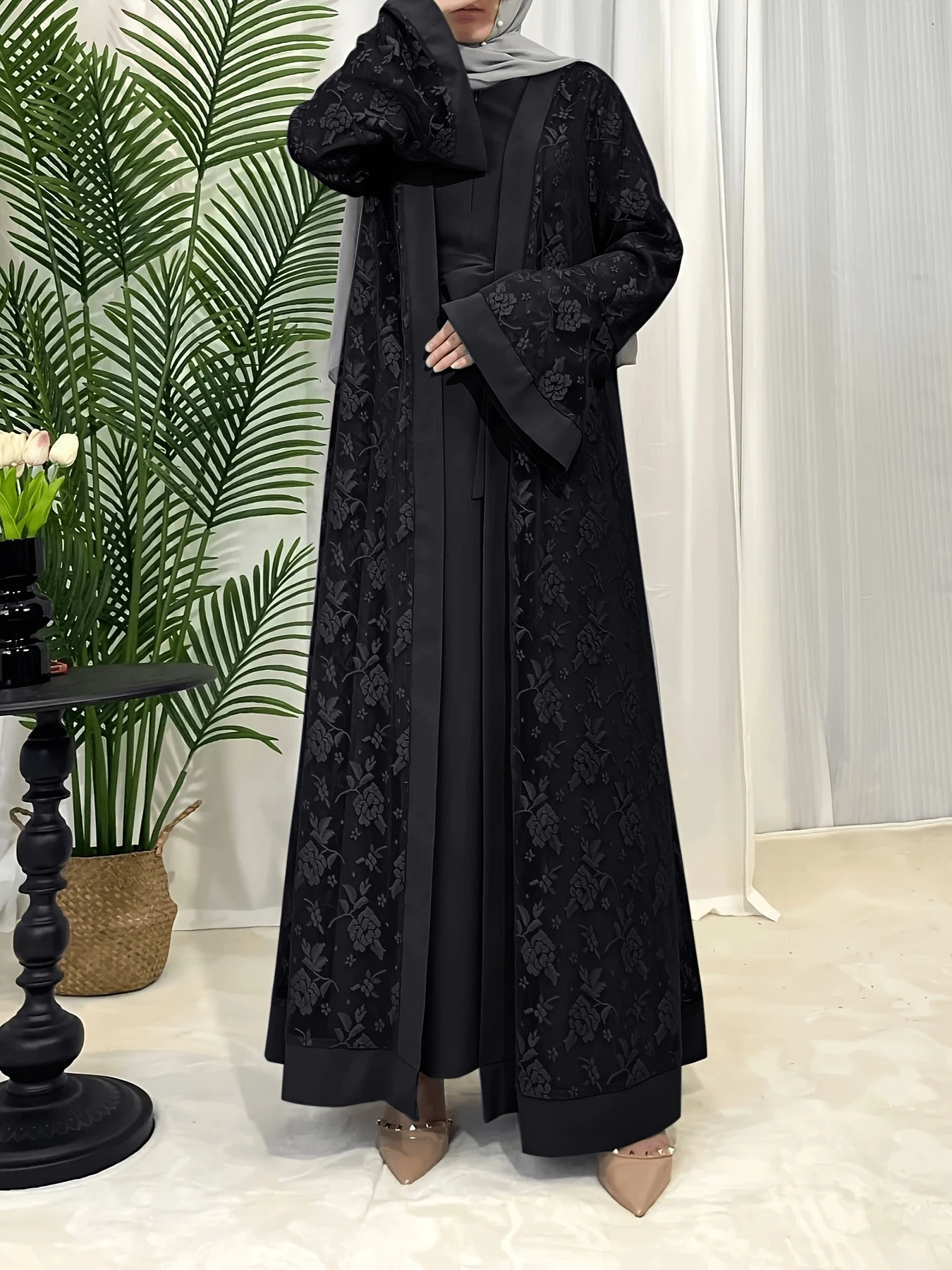 2 Peças/Conjunto Abaya Feminina Cardigan de Renda, Roupão com Cinto, Estilo Elegante Europeu e Retrô, Manga Longa, Modesto
